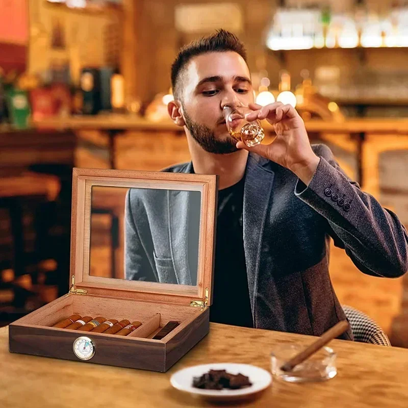 

1PC Glass Cigar Humidor Made Humidor 20-25 For - Solid Spanish Cigars, Top Hygrometer Cedar, With Humidifier Of Accessories