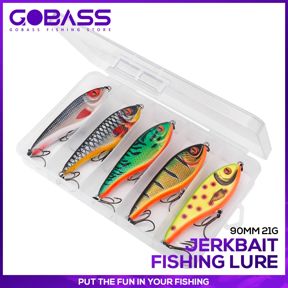 GOBASS-Iscas de Pesca Artificial Jerkbait Set com Caixa, Afundando Jerk Bait, Wobbler Crankbait, 90mm, 21g, 5pcs