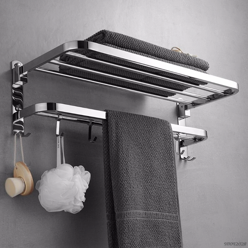 

Stainless Steel Bath Towel Rack Wall Mounted Foldable Rail Holder Punch-Free Bathroom Storage Shelf with 5 Sliding Hooks