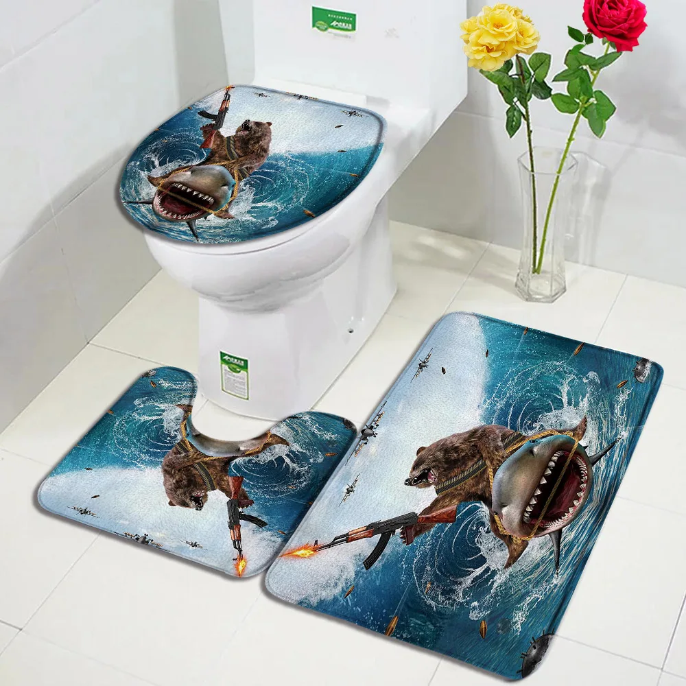 Funny Cat Bath Mat Set Creative Dinosaur Surf Sea Waves Grey Planks Kids Home Carpet Bathroom Decor Floor Rugs Toilet Lid Cover