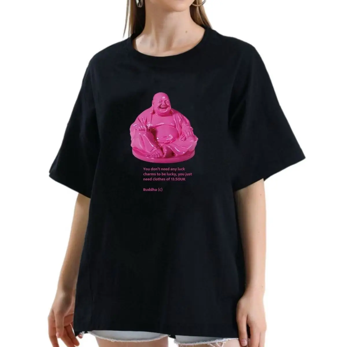 Laughing Buddha Sculpture Print Chinese Style T Shirt Women 100% Cotton Casual Short Sleeve High Street Ladies Tshirt Summer New