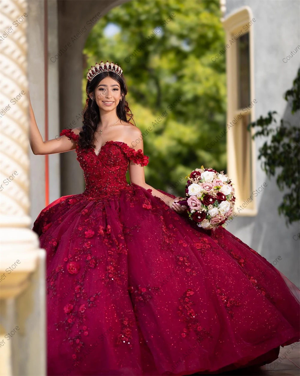 فساتين Quinceanera مطرزة بالزهور ثلاثية الأبعاد باللون العنابي، ثوب حفلة مكسيك مزين بالدانتيل، 15 فستان تخرج الأميرة مخصص