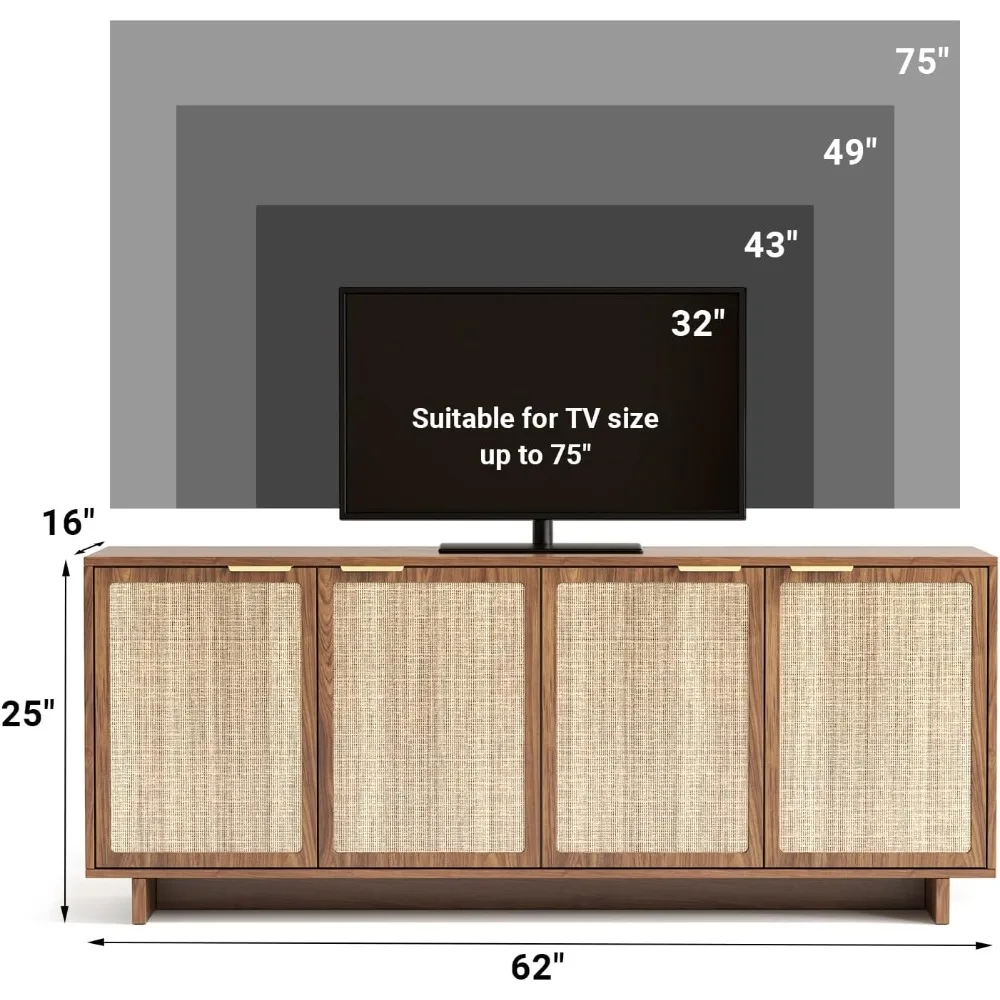 حامل تلفزيون الروطان لغرفة المعيشة خزانة تلفزيون المزرعة مع وحدة تخزين كبيرة للتلفزيون الطويلة بوهو لأجهزة التلفاز حتى 55/65/75/85 بوصة لـ B #2