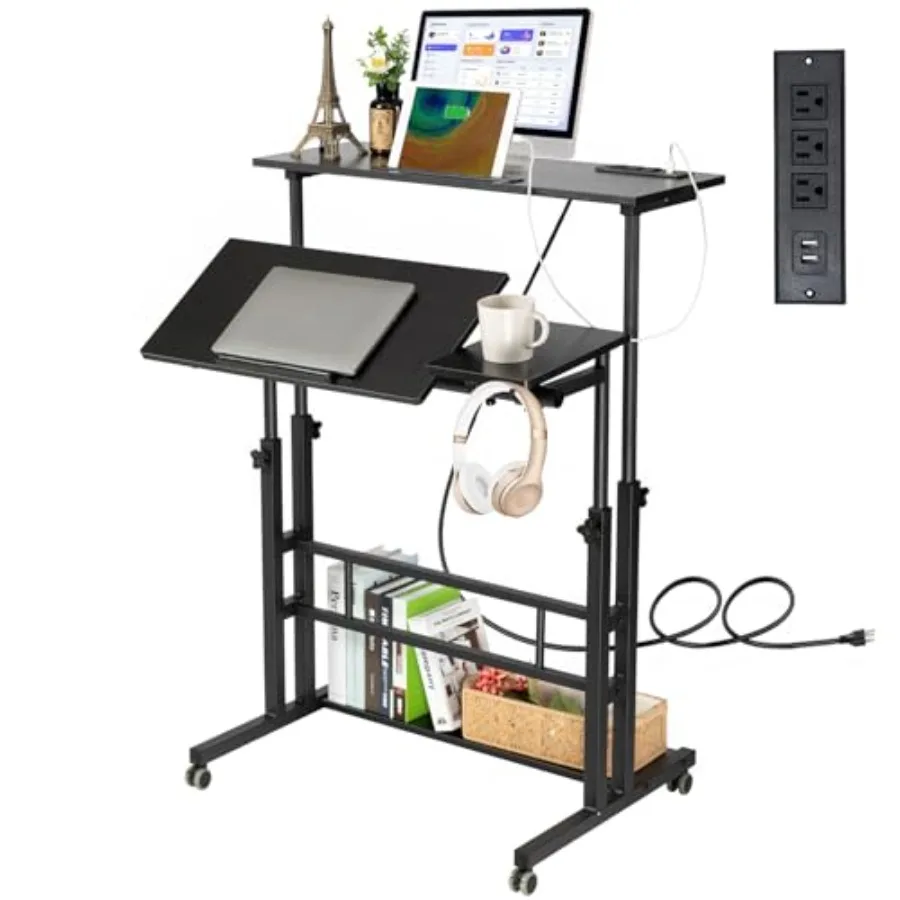

Portable Rolling Standing Desk with Adjustable Height Mobile Computer Cart for Laptop and Drawing Charging Station Small TV Tra