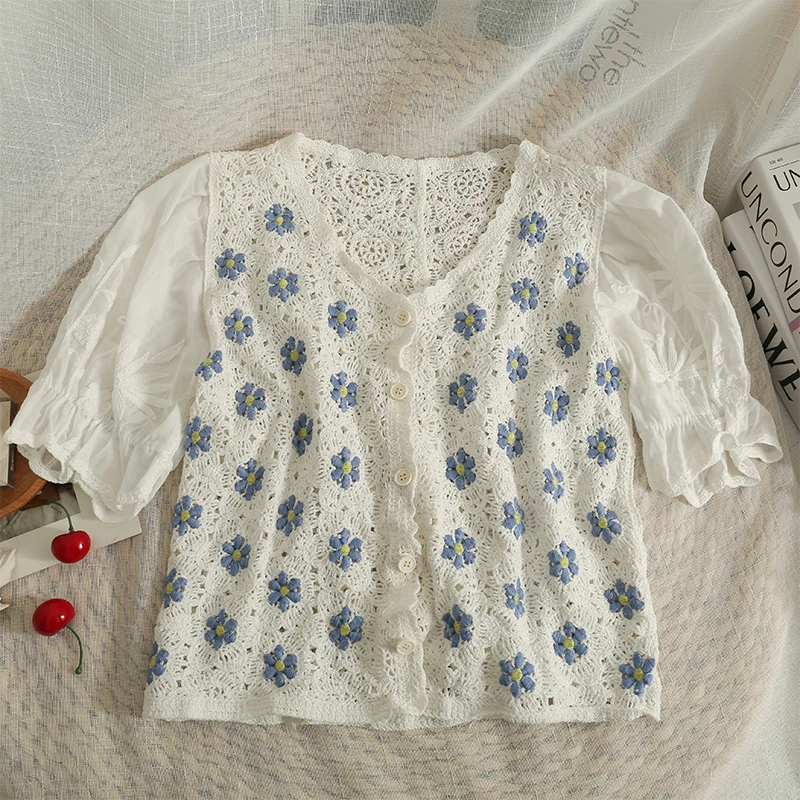 OUMEA Women Blue Flower Embroidery Blouse Short Sleeve Openwork Casual Sweet Tops Buttons Front French Style Vintage Tops