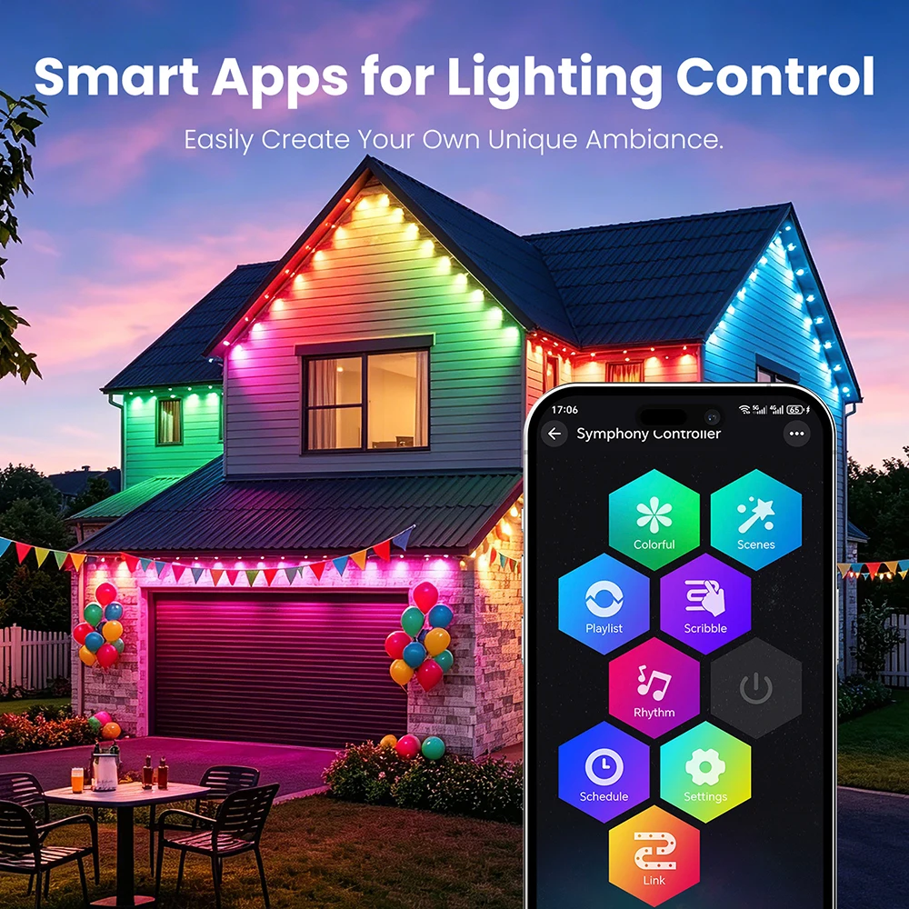 Outdoor RGBCCT Eaves LED String Light IP67 RGBIC Smart Bluetooth APP/Remote Kit for DIY Christmas Wedding Lighting EU US UK Plug