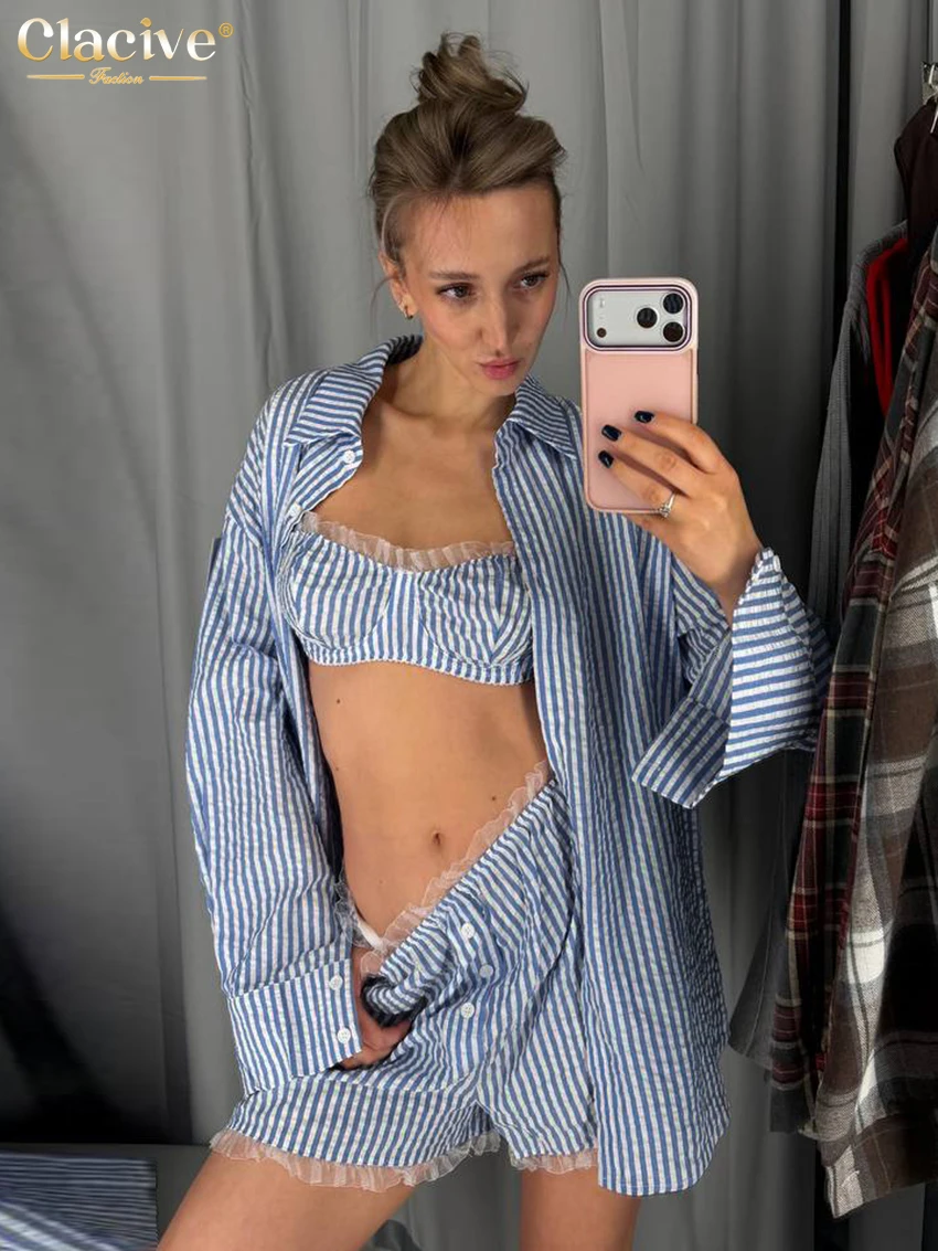 

Clacive Fashion Loose Blue Stripe 2 Pieces Set For Woman Elegant Long Sleeve Shirt + Bra With High Waist Shorts Set Female Cloth