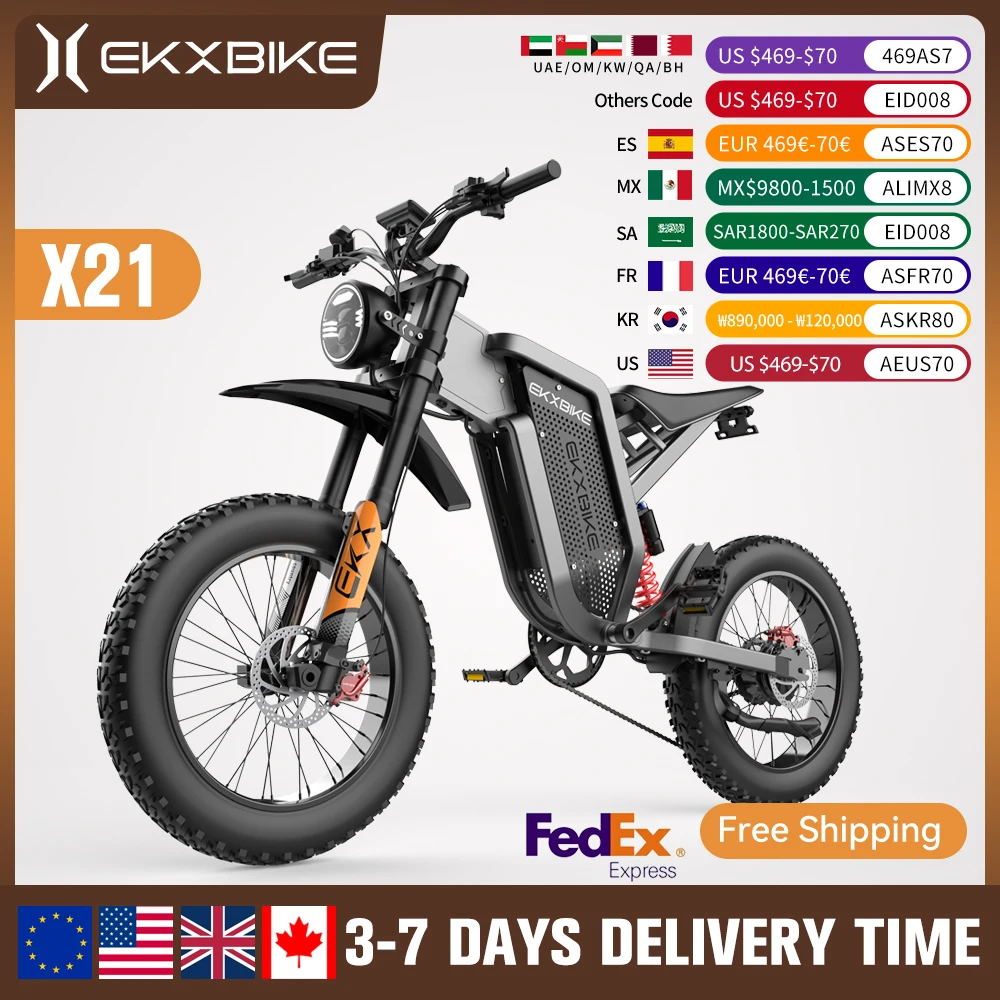 EKX X21 Adults Electric Bike 2000W 48V35AH 55km/h Samsung Battery Snow Electric Motorcycles 20“*4.0 Off Road Tyre Mountain Ebike