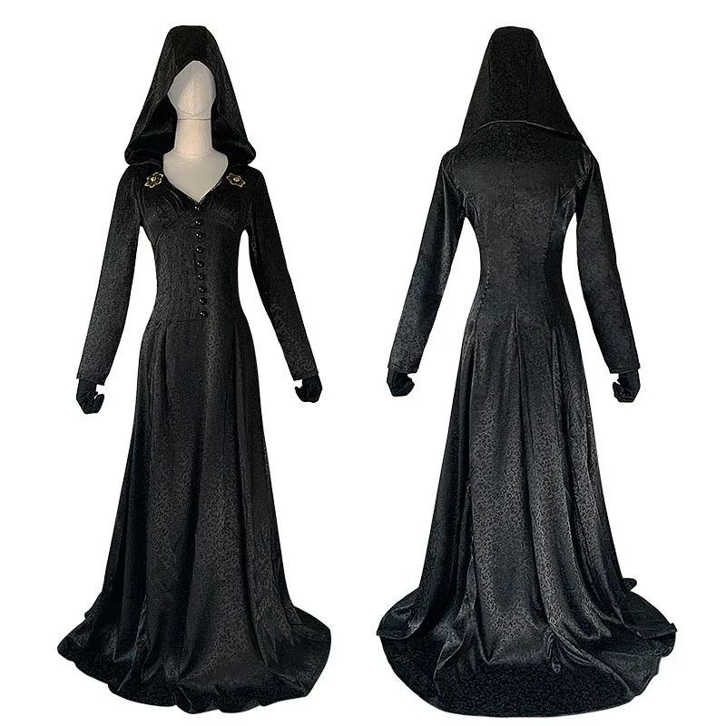 

Костюм для косплея «Дочь леди» Dimitrescu, готическое черное длинное платье с капюшоном, вампир Белла Кассендра, средневековый костюм на Хэллоуин