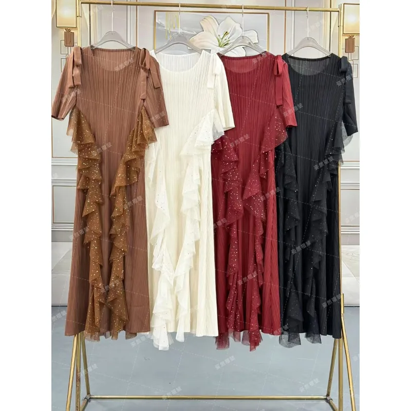 Miyake Middle East Plus Size Clothing Women Summer White Dress Pleated Long Dress Simple Loose with Stretch African Prom Women's