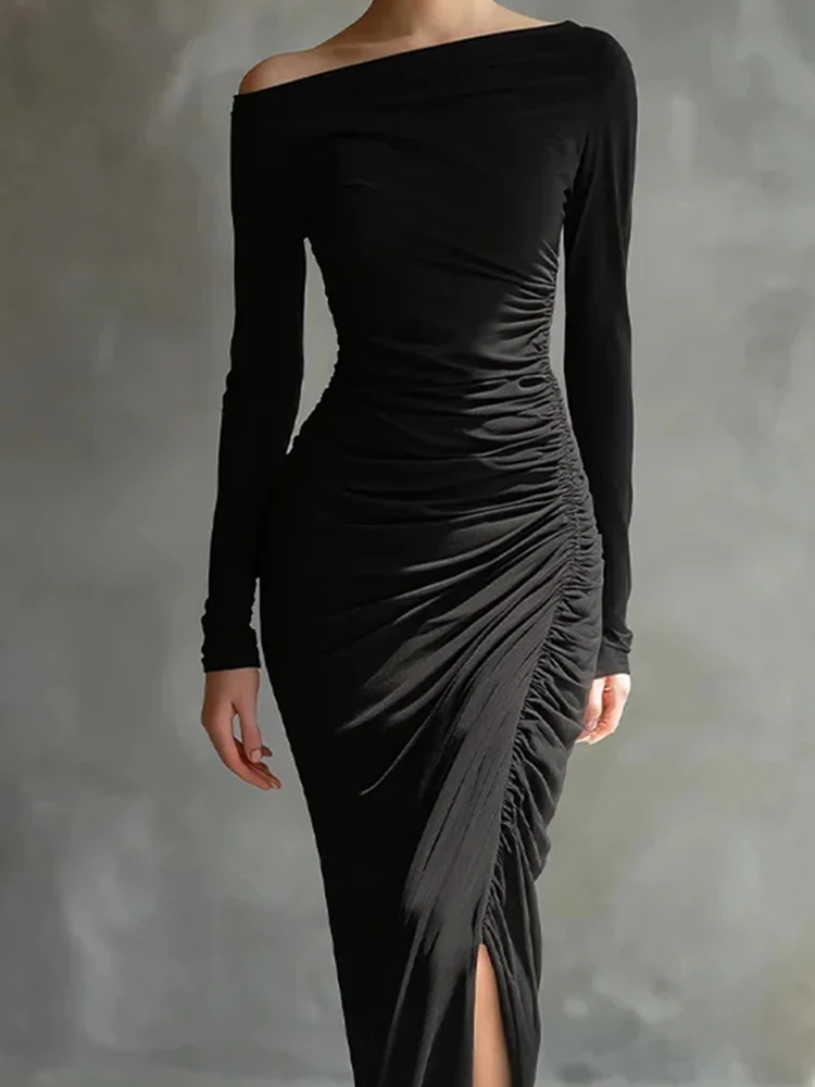 Elegante dame hoge taille split banketjurk temperament slanke jurk met lange mouwen stijlvolle schuine kraag effen ruches avondjurk