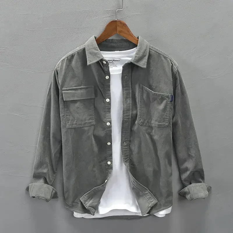 Korean Vintage Corduroy Shirt Men's Cargo Jacket Casual Spring New Long Sleeved Loose Casual Shirt Coat Fashion Men Clothing