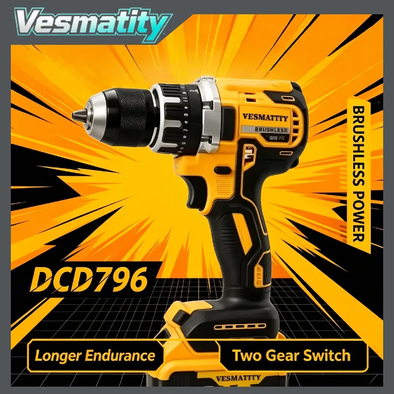 Vesmatity DCD796 Brushless Impact Drill 70N.m 2200RPM 34000BPM 14+1 Clutch 3/8 Chuck Tool For DeWALT 20V XR Battery