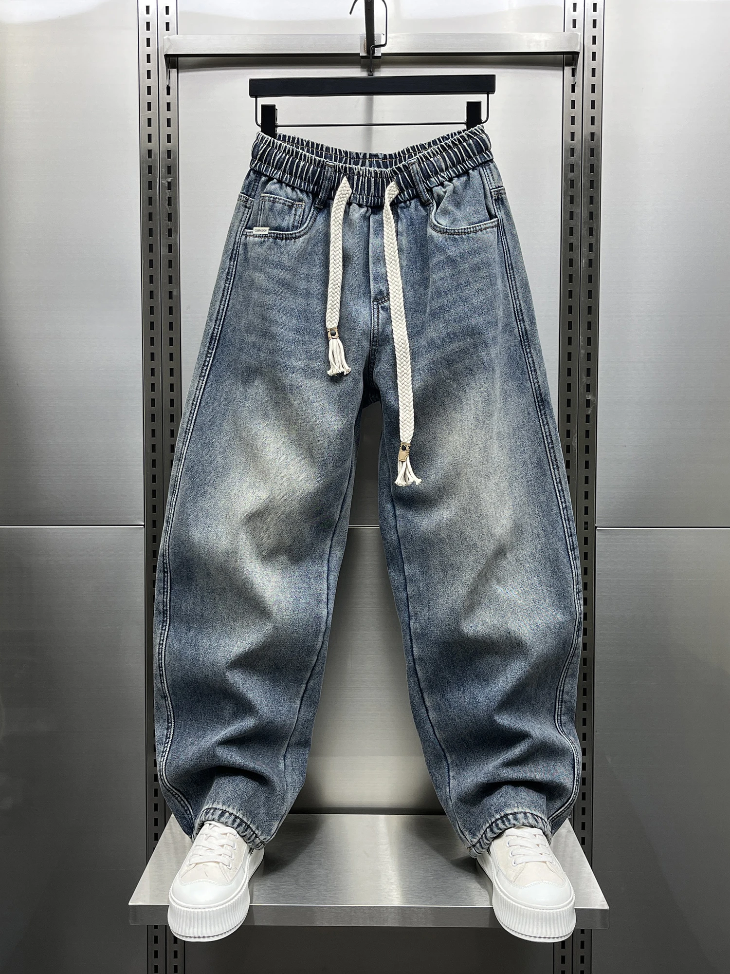 

Tall Men's Fleece Lined Casual Straight Leg Jeans Wide Leg Long Pants American High Street Style Winter Fashion Youth Trend