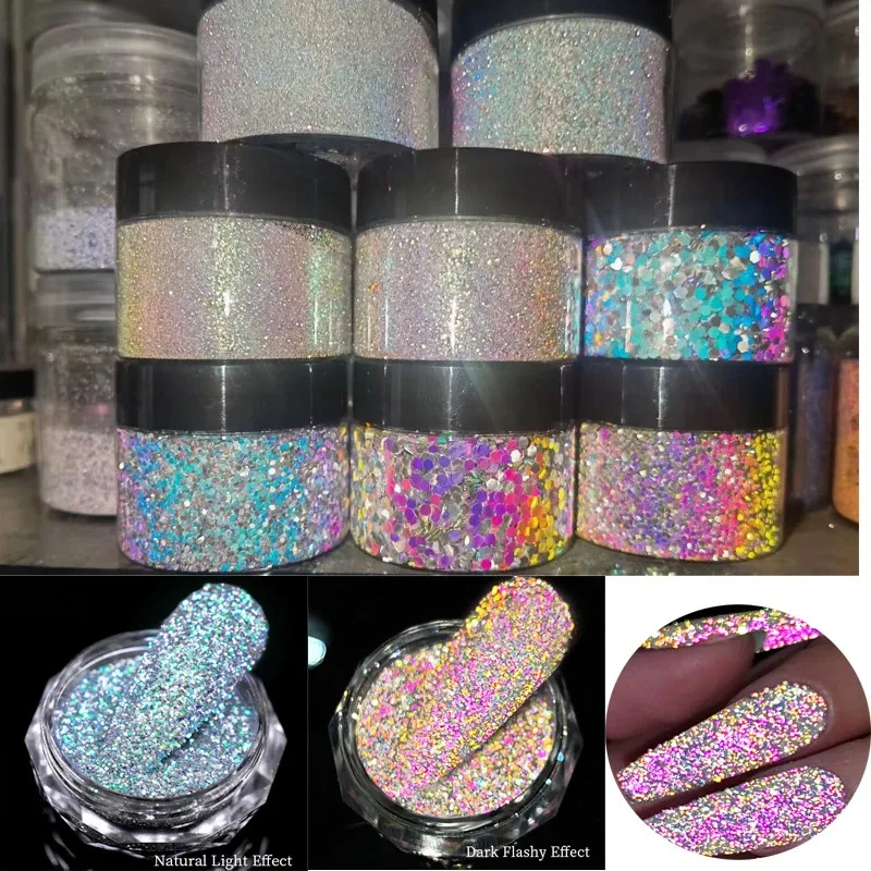 1Box Reflective Nail Glitter Powder For Nails Iridescent Flakes Sequins Dust Sparkly Flash Disco Polish Gel Dust Chrome Pigments