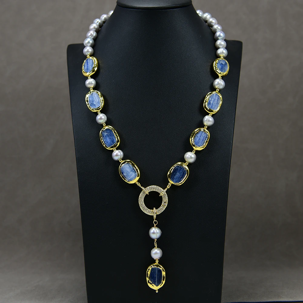 G-G Freshwater Cultured Gray Pearl Blue Kyanite Pendant Necklace Earrings Sets Simple Women Gifts