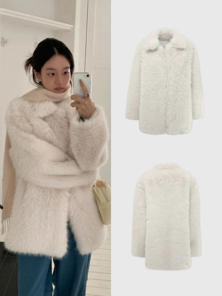 เสื้อโค้ทขนสัตว์ผู้หญิงแบบหลวม ขนฟู แต่งหนังและขนสัตว์ที่ปกเสื้อ นุ่มสบาย แฟชั่นฤดูหนาว เรียบง่าย สไตล์ยาว