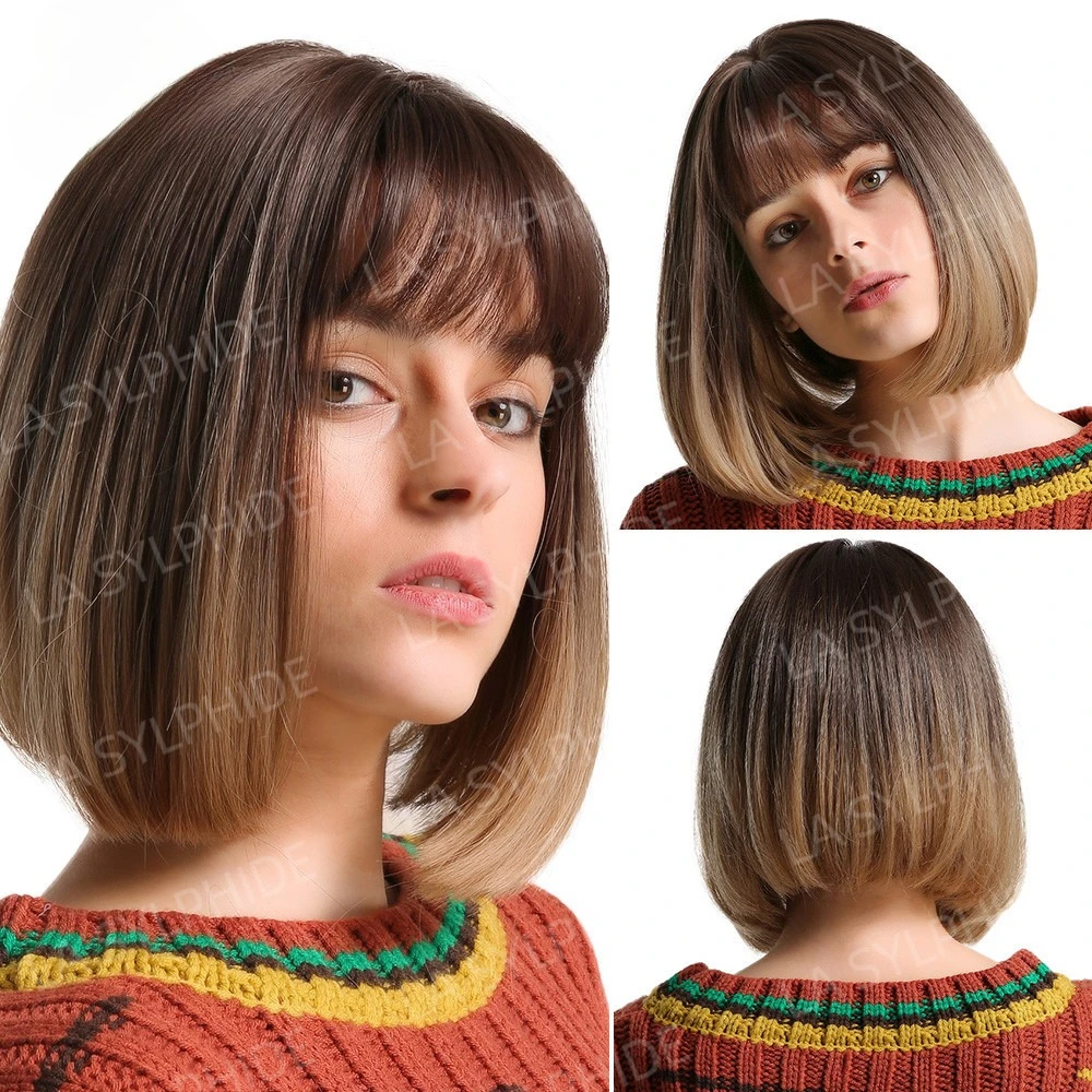 

Air bangs BOBO head brown gradual change straight hair mechanism chemical fiber female wig headgear