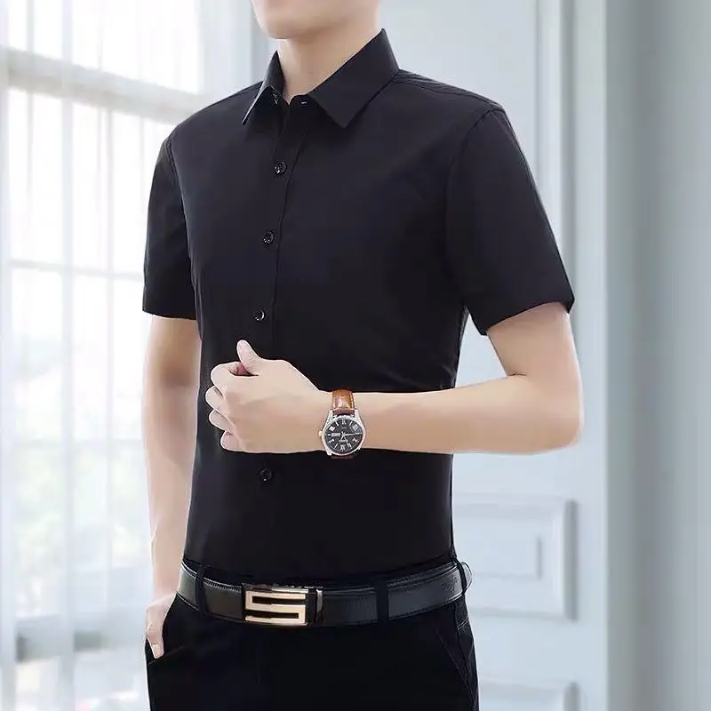 Men Summer Korean Style Slim Fit Short Sleeve Shirt Business Casual Solid White Workwear Shirt Formal Daily Office Blouse Top