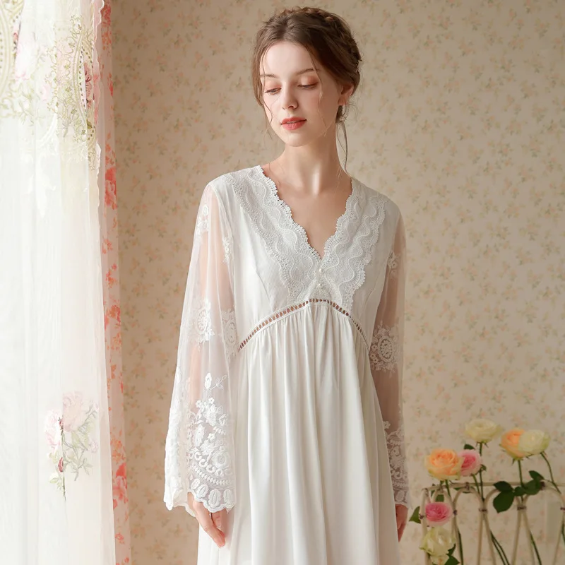 Embroidered Lace Long Sleeve Night Dress Women Fairy Cotton Sexy Peignoir Vintage Nighty Victorian Nightgowns Princess Sleepwear