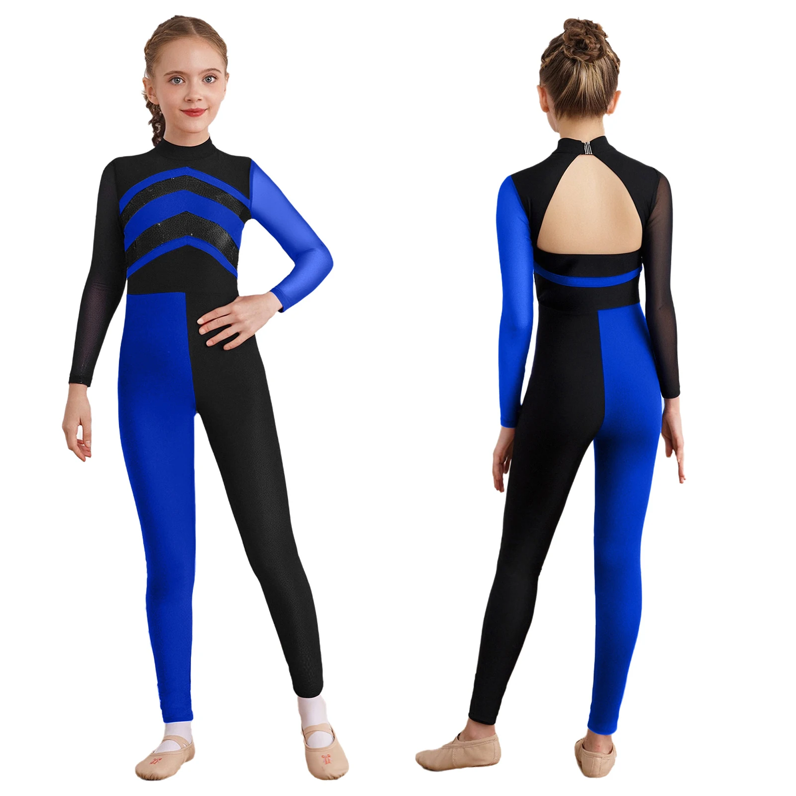 

Kids Girls Rhythmic Gymnastics Ballet Dance Costume Shiny Sequins Figure Skating Jumpsuit Long Sleeves Bodysuit for Stage Show