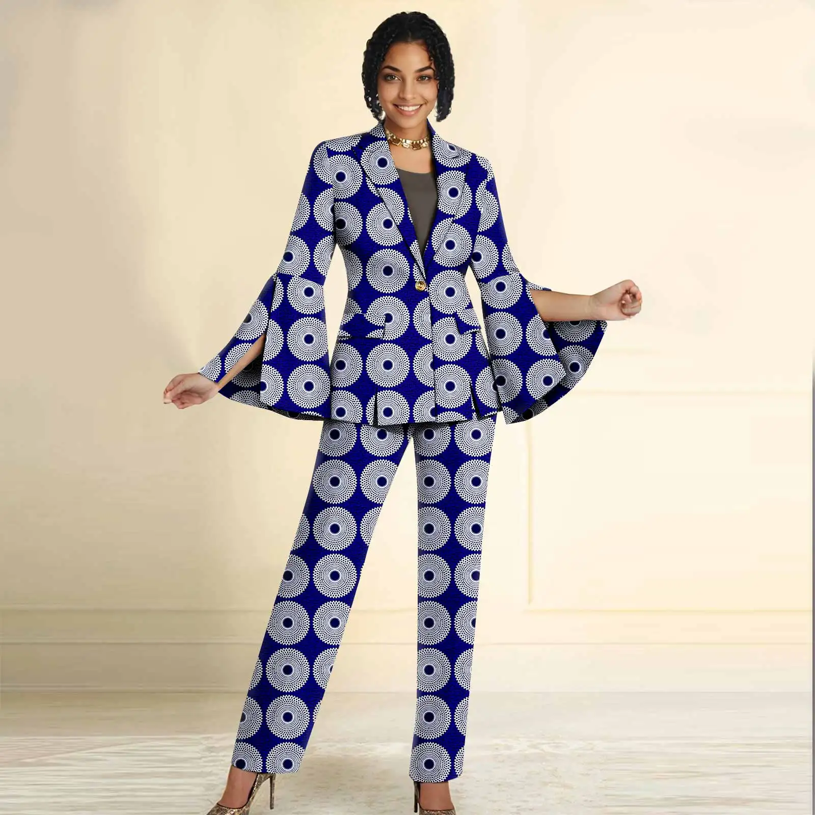 African American Women Ankara Printed Sexy Flared Sleeve V-Neck Top Fashion Formal Two Piece Pants 2526034