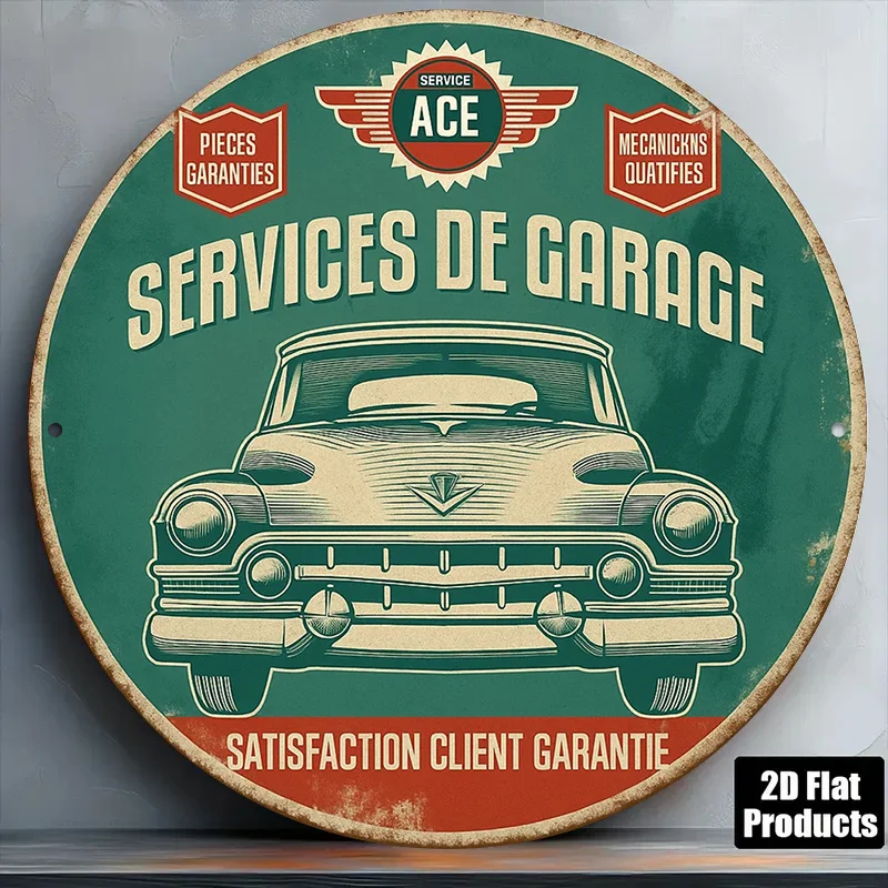 Panneau en aluminium rond 2D plat - 1 pièce, sur le thème des ateliers de réparation de voitures anciennes, avec un motif automobile nostalgique