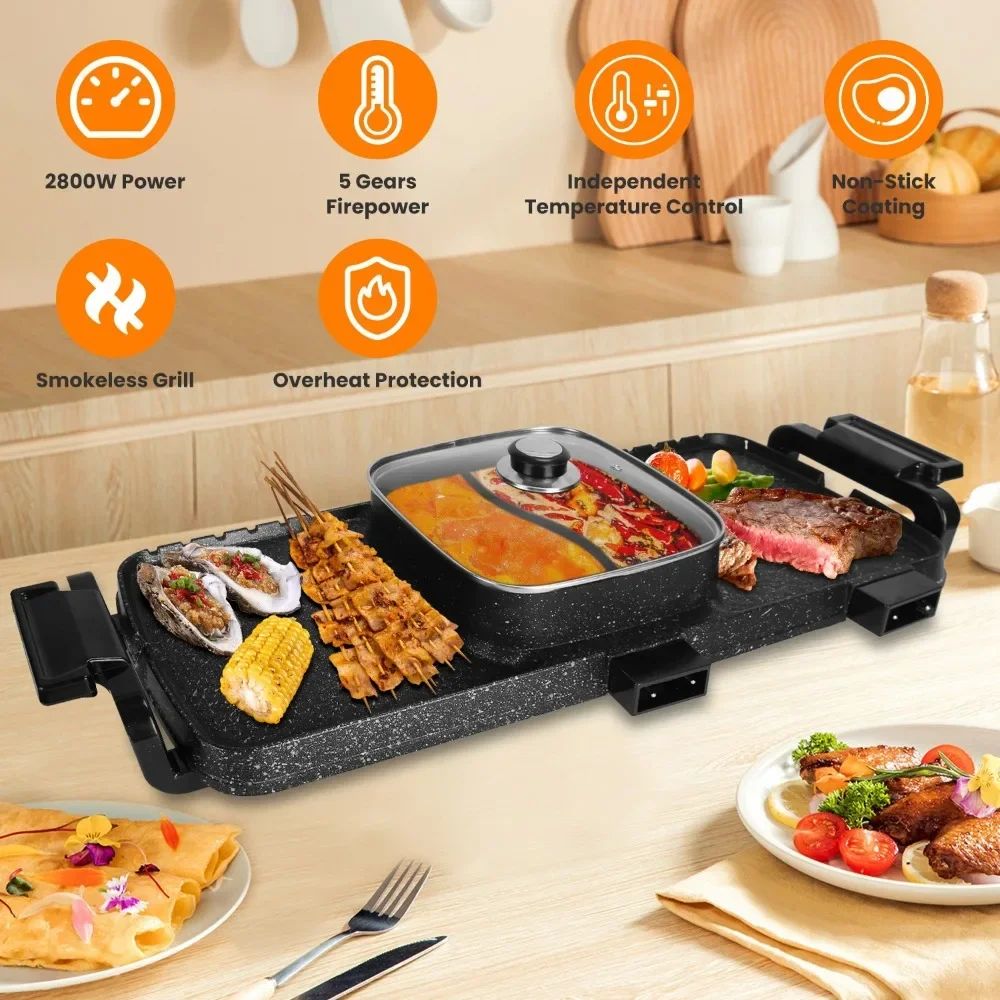 

2 in 1 Hot Pot with Grill, Electric Hot Pot 2 in 1 Hot Pot BBQ Grill, Removable Hotpot Pot 2800W