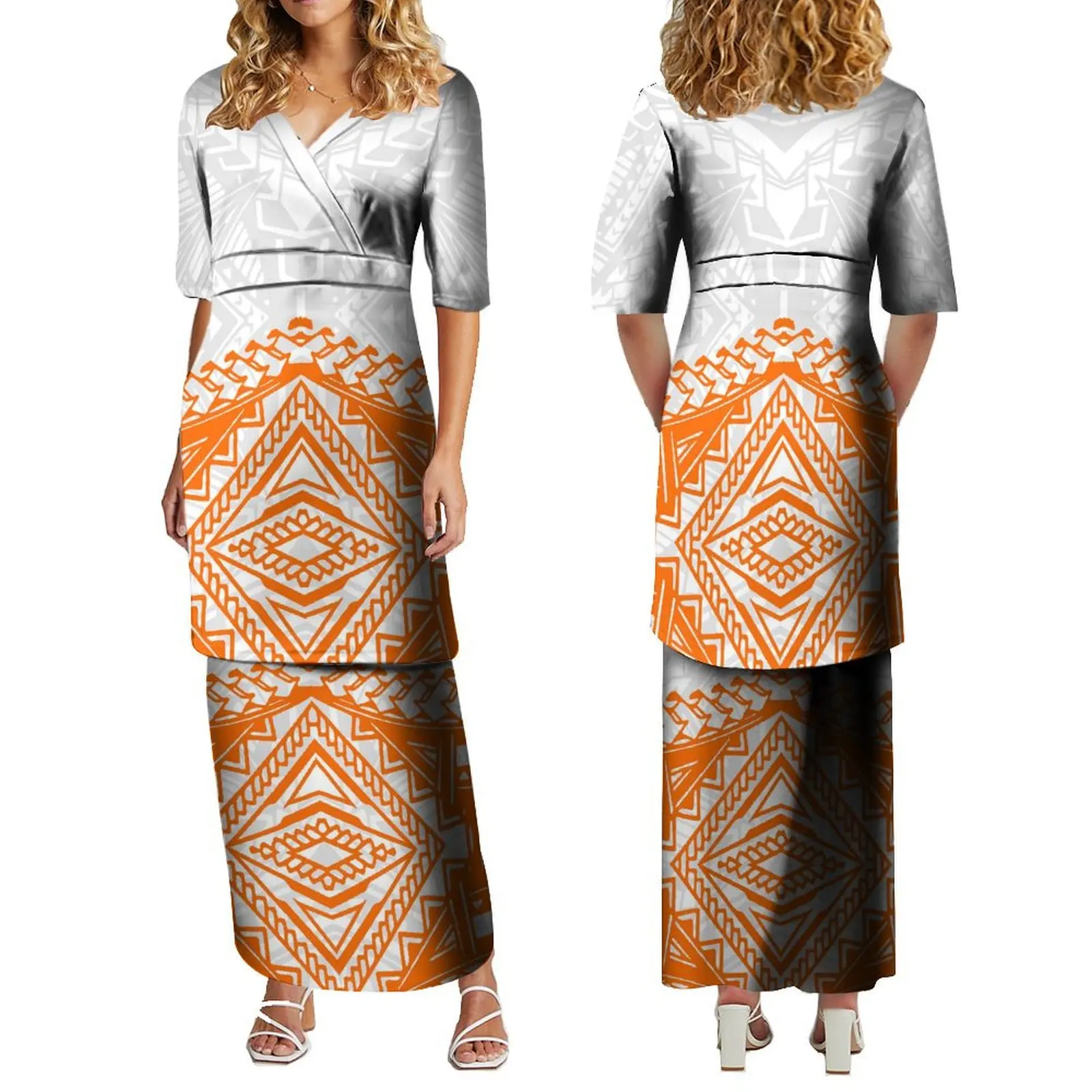 Imagem -02 - Vestido Tribal de Meia Manga com Decote em v Feminino Conjunto de Duas Peças Vestido Samoano Estilo Étnico Estilo Ilha Havaiana