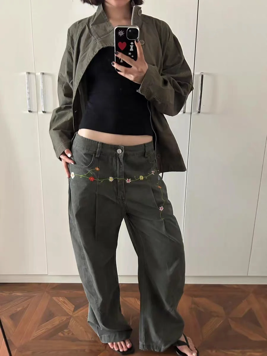 

American Sle Casual Pants Men Women Daily Commute Versatile Loose Wide Leg Workwear Trousers Floral Embroidery Design Knife...