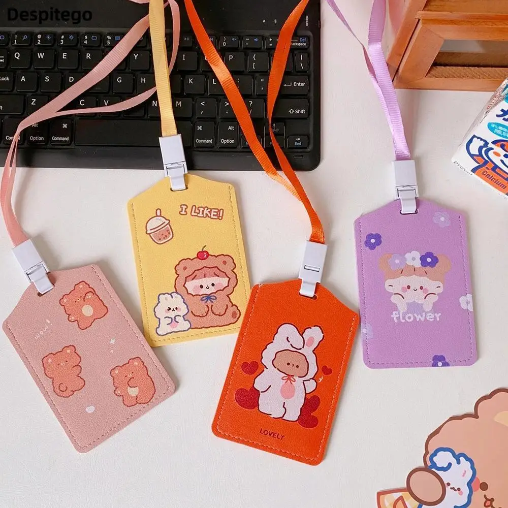 Kawaii Bear Leather Lanyard Card Holder For Girls Children Neck Hanging Bus Card Cover Subway Card Holders