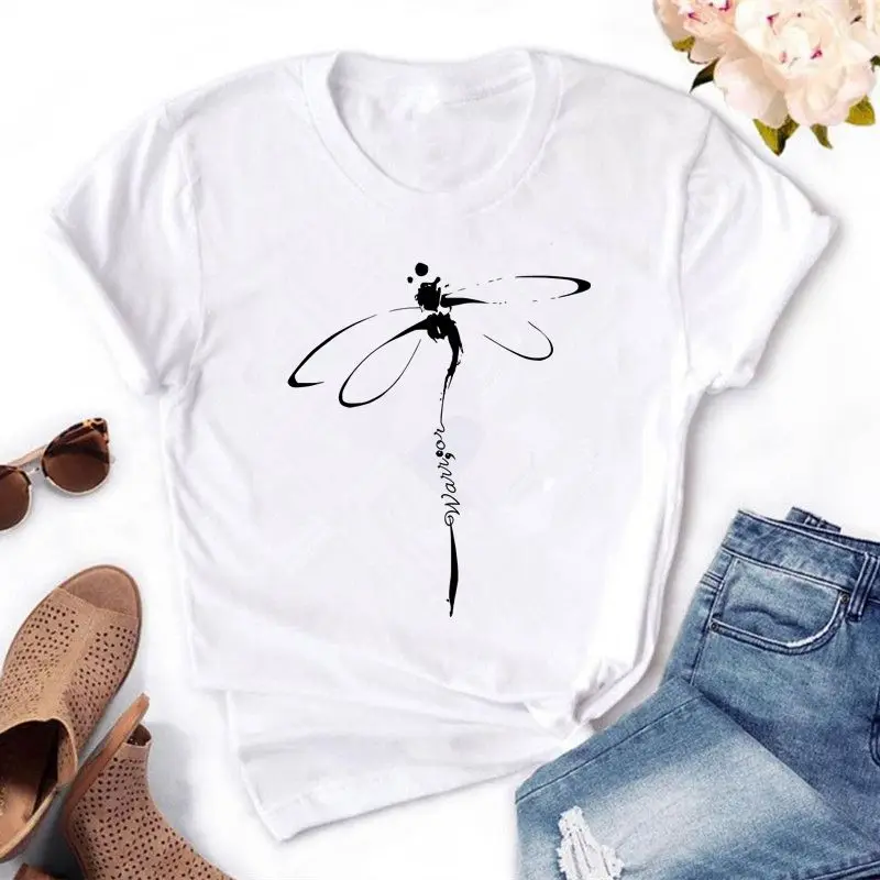 Camiseta de talla grande para mujer, camiseta creativa con estampado de libélula para mujer, camisetas de manga corta con cuello redondo, ropa para mujer, Tops blancos