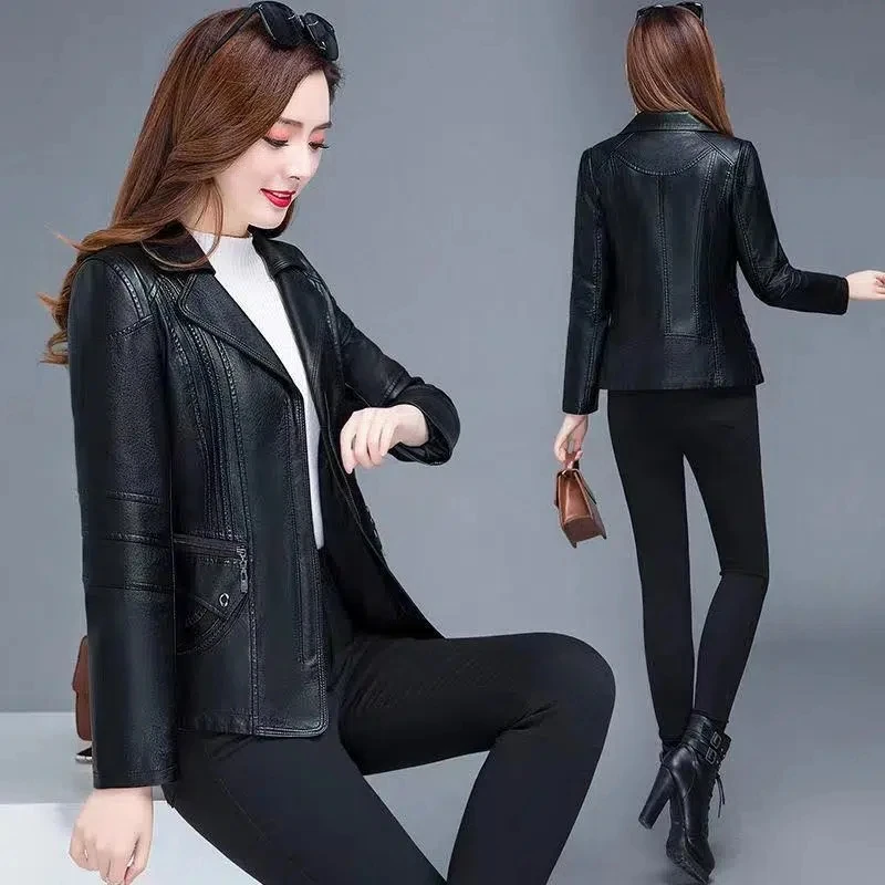 XL-6XL Women Leather Jacket Spring Autumn New Fashion Women Pu Leather Coat Lady Faux Leather Black Zipper Motorcycle Coat Y1070