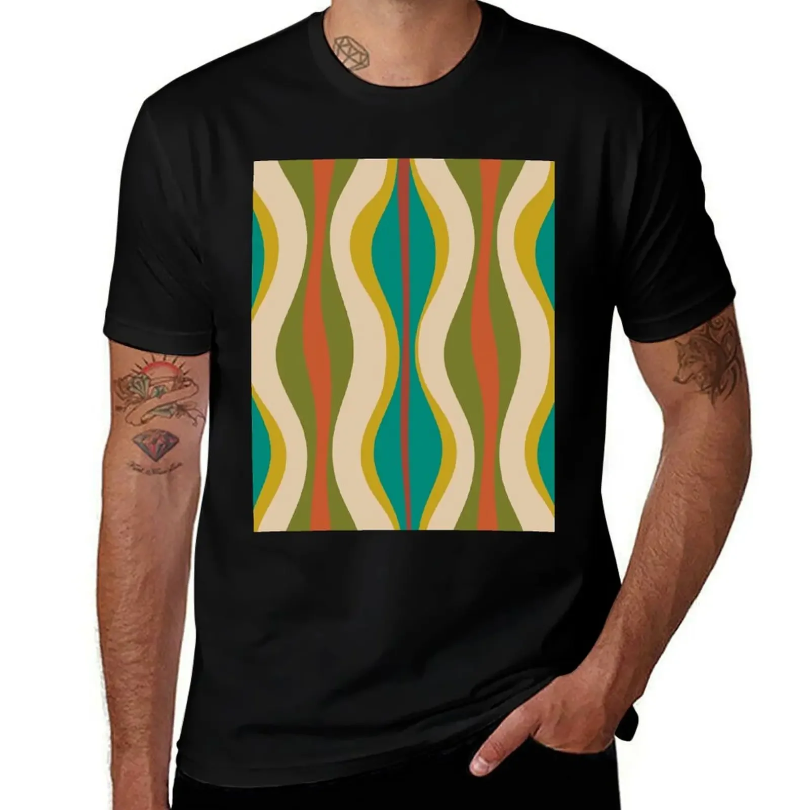 Hourglass Abstract Midcentury Modern Pattern in Turquoise Teal, Mustard, Orange, Olive, and Mid Mod Beige T-Shirt