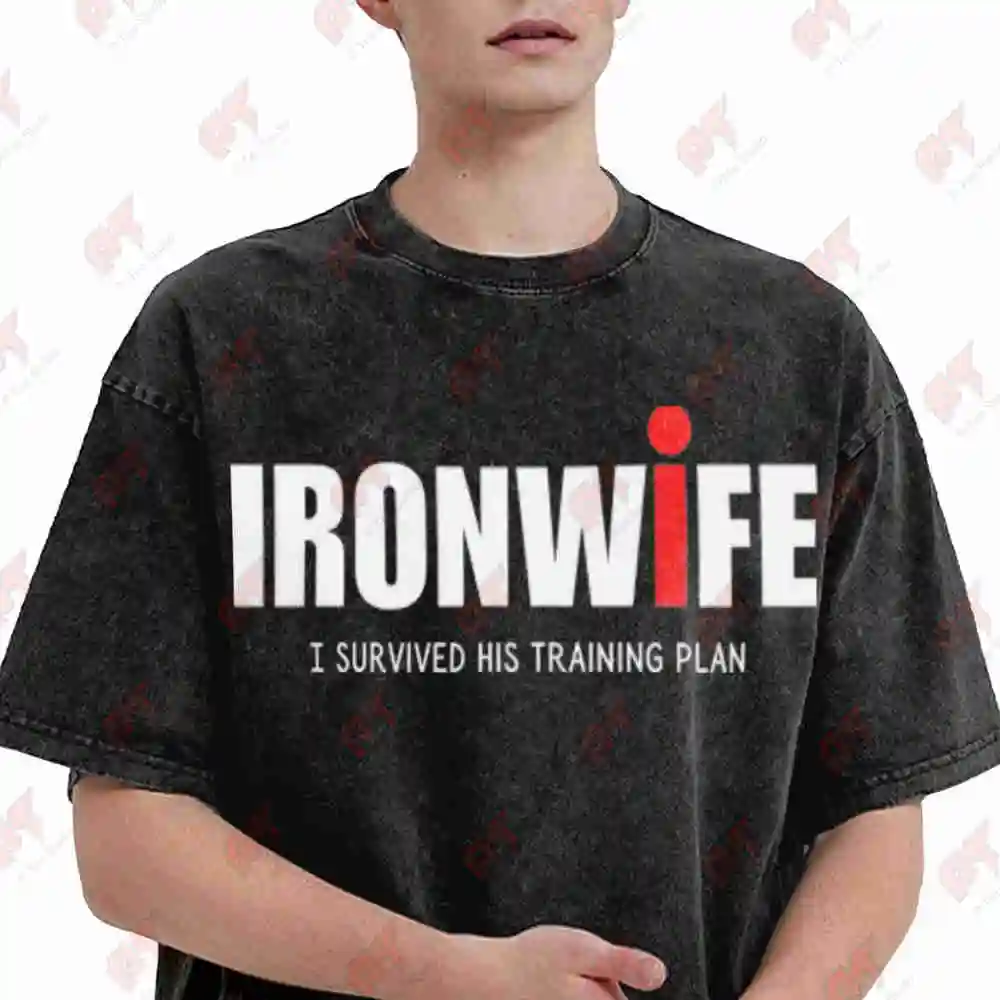Ironwife Funny Triathlon Wife I Survived His Training Plan Vintage Washed Tee Pure Cotton T-Shirt
