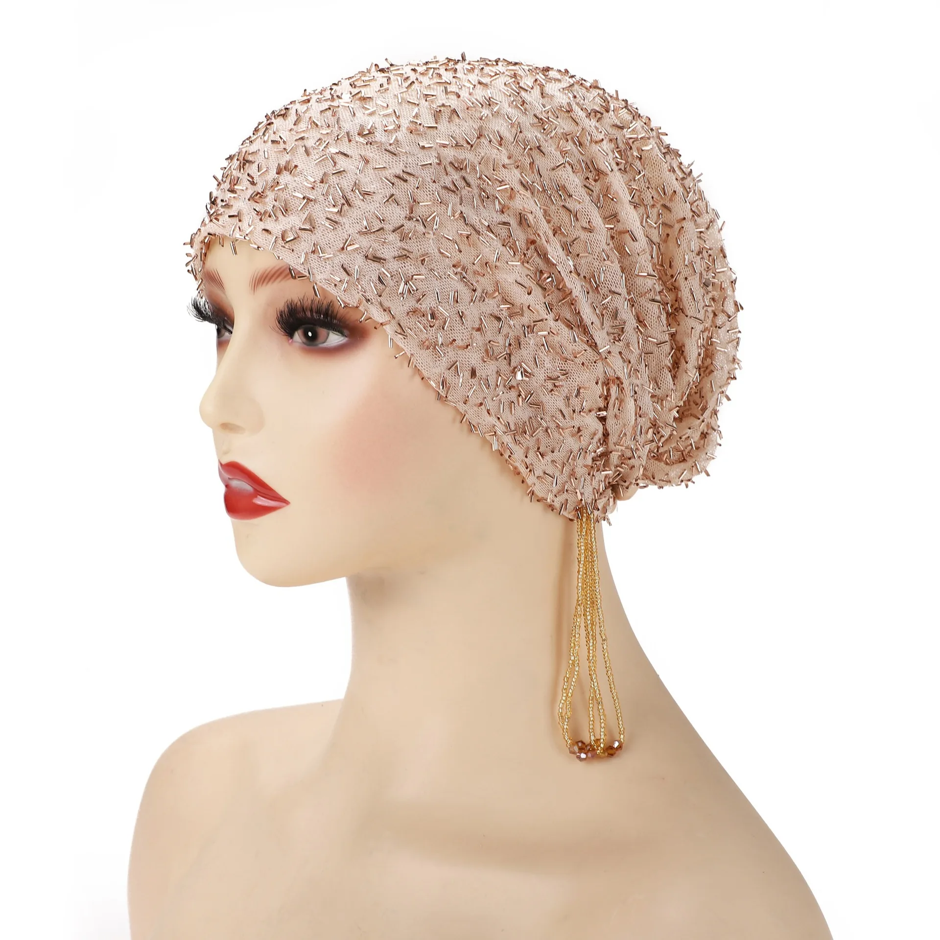 Sparkly Beaded Tassel Muslim Undercap Elastic Mesh Hijab Inner Cap Fashion Islamic Women Head Cover Bonnet Hair Loss Headscarf