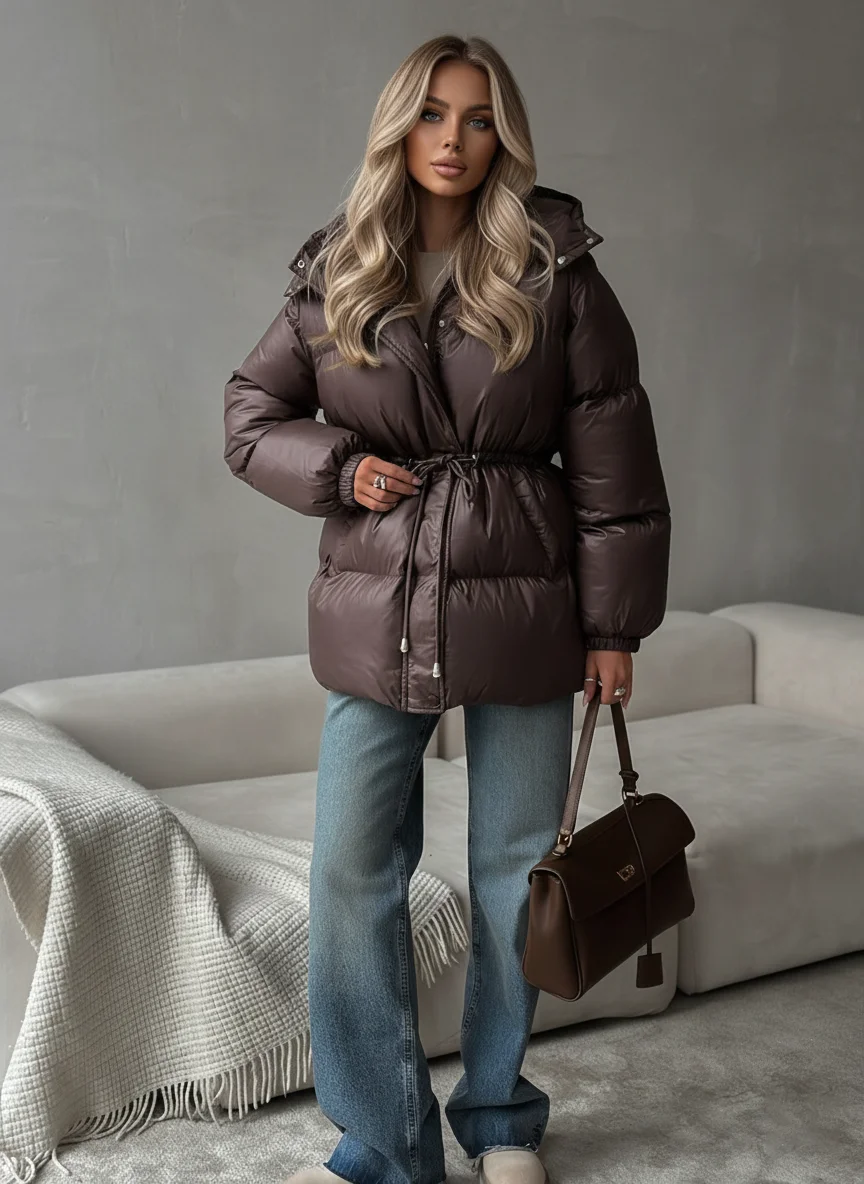 Women's 2025 Winter Dark Gray Shiny Cotton Coat Hooded Long Sleeve Drawst Waist Midi Jacket Elastic Cuffs Pockets Casual Coat