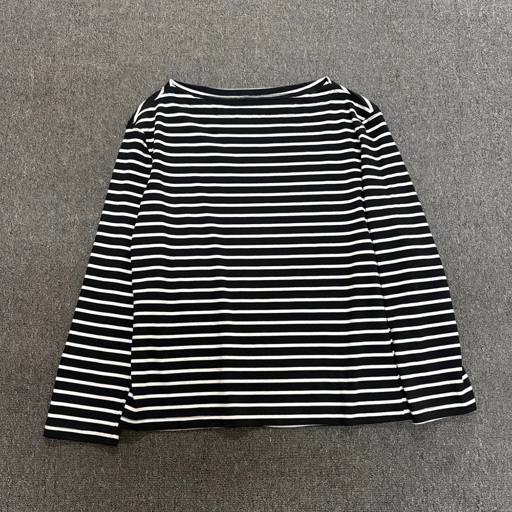 Women 100% Cotton Striped Long Sleeve T Shirt Boat Neck Classic Black White Stripe Slim Fit Casual Basic Tee Top Daily Blouse