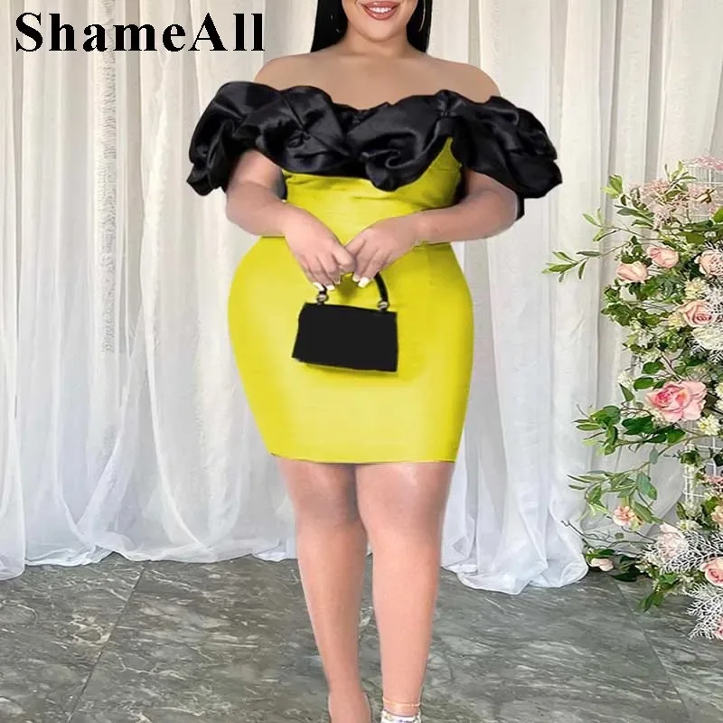 

Plus Size Color Blocking Puff Off The Shoulder Bodycon Mini Dresses 4XL Summer Women Sexy Party Club Outfits Evening Ball Gowns