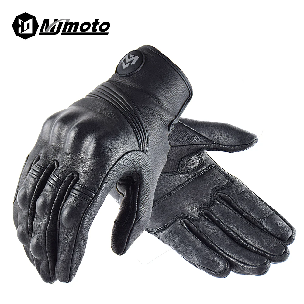 Classic Retro Cow Leather Motorcycle Gloves Black Full Finger Gloves Motorbike Locomotive Gloves Touch Screen Guantes Moto Glove