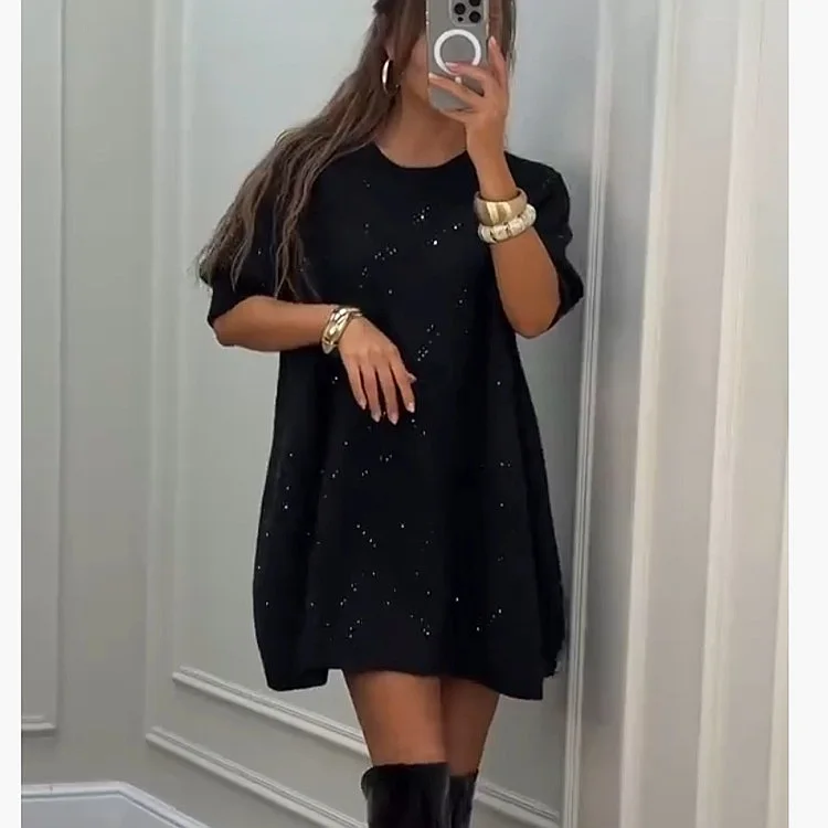 Fashion Rhinestone Loose Long Sleeveless Tee Dress, Casual Women's Round Neck Tunic Top, Spring Summer Dresses