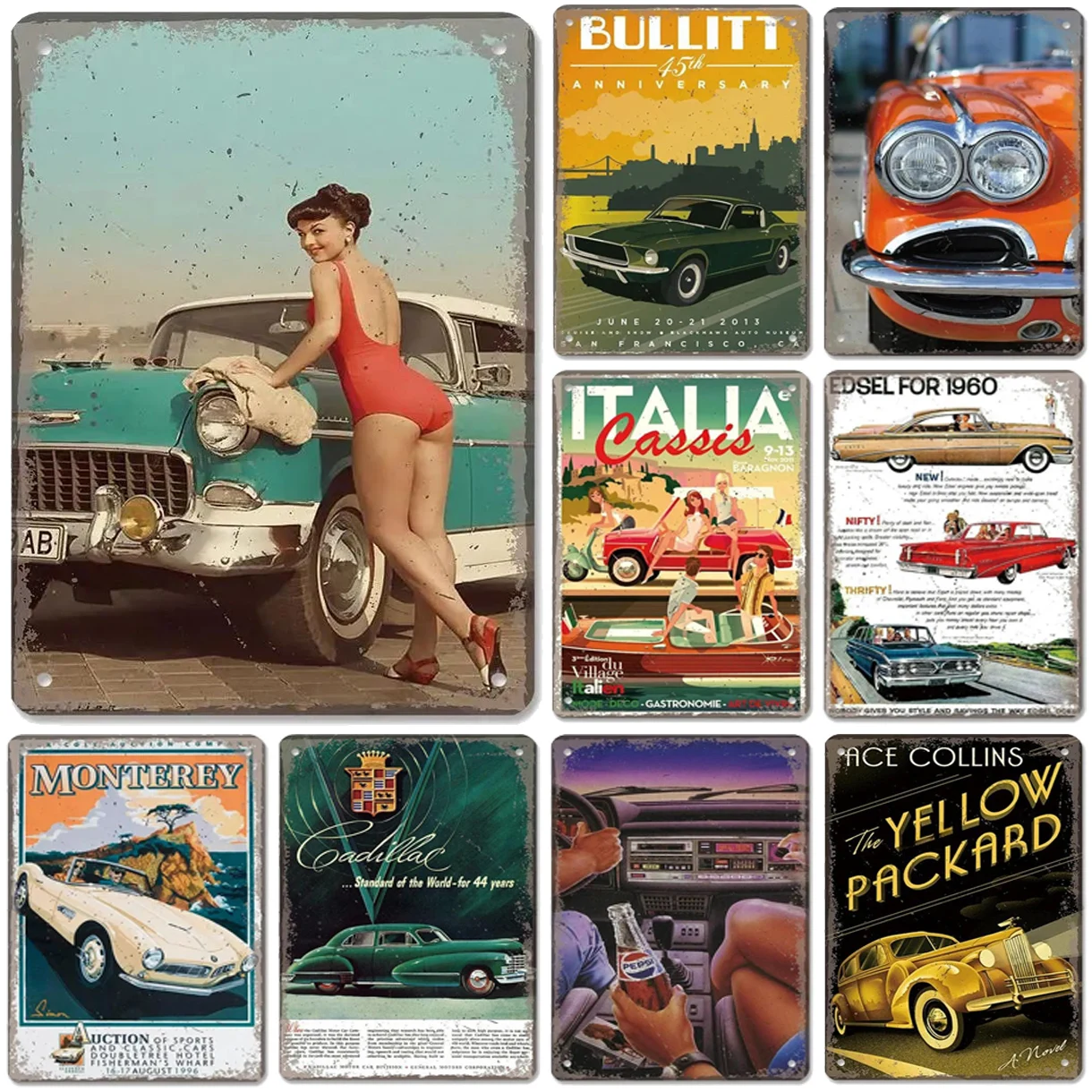 Pinup Classic Cars Metal Tin Signs Wall Art Posters Plate Vintage Wall Decor for Game Room Bars Man Cave Cafe Clubs Garage Retro