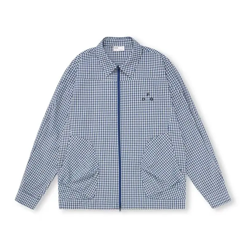 Men Blue Plaid Shacket Zip Up Shirt Jacket Casual Loose Fit Couple Outerwear City Boy Spring Autumn Long Sleeve Top