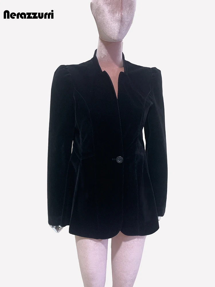 Nerazzurri Spring Elegant Luxury Chic Short Black Fitted Soft Velvet Blazer Jacket Women Puff Sleeve Fall Clothes 2024 Women