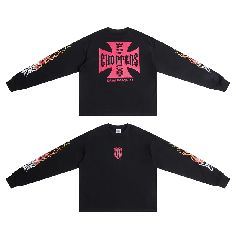 Men Women New Logo Cross Flame Skull Cracked Long Sleeved T-shirt High-quality Cotton Comfortable West Coast T-shirt Top