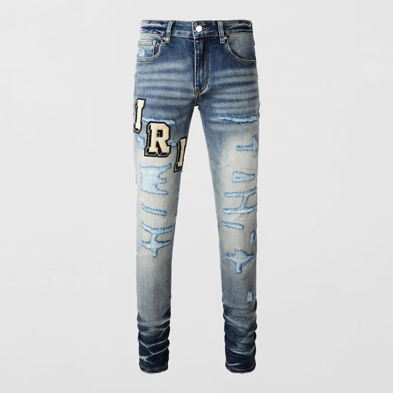 

High street fashion men's blue jeans stretch tight washed letter jeans patchwork hip-hop style embroidered pants bomber