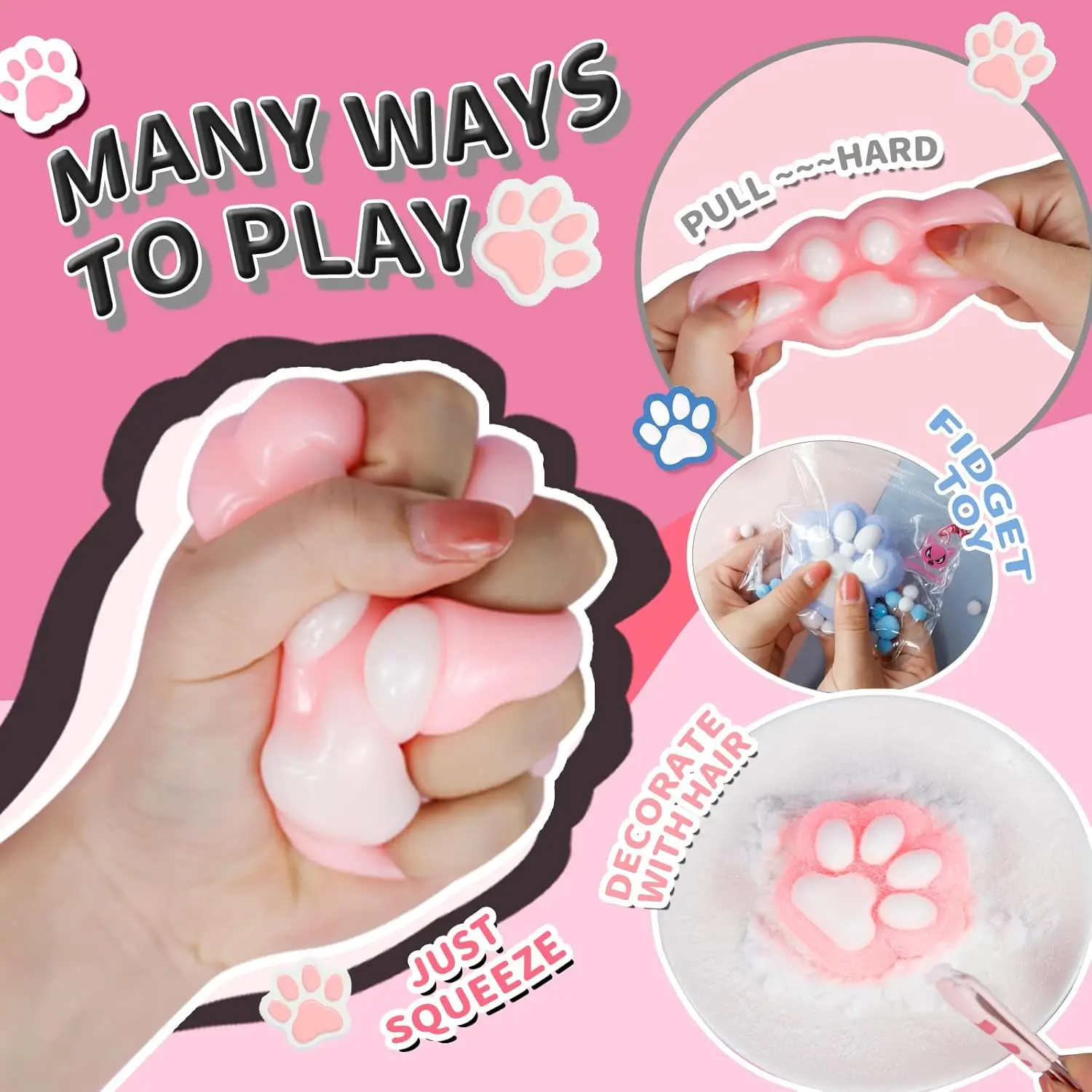 TPR Mini Kawaii Plush Cat Paw with Fur Stress Relief Squishy Toy Fidget Silicone Small Cat Paw Cute Pink Cat Foot Squeeze Toys