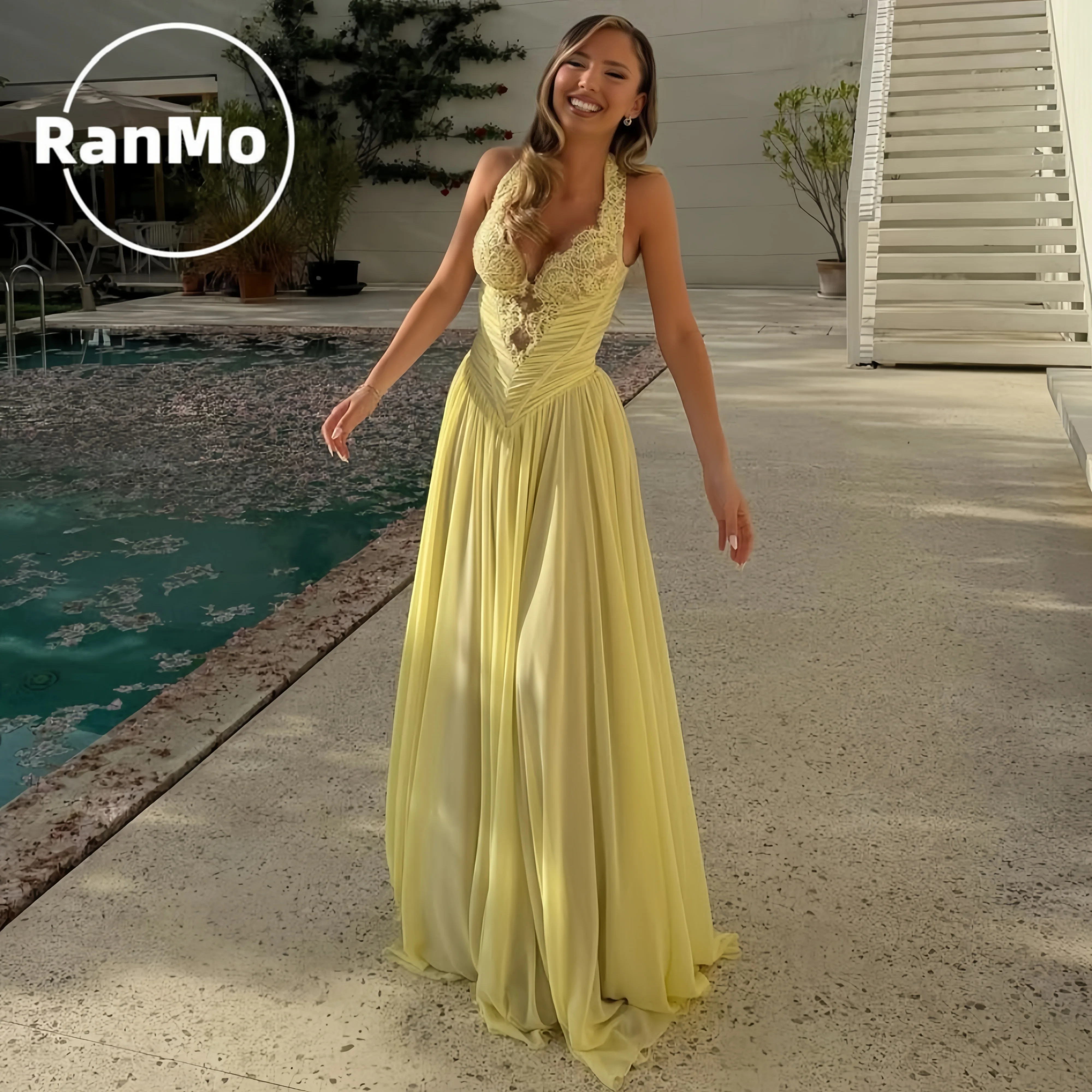 

Ranmo Chiffon Evening Dresses Halter Neck Yellow Lace Vestidos De Fiesta Elegantes Long A Line Wedding Party 2026 Customized