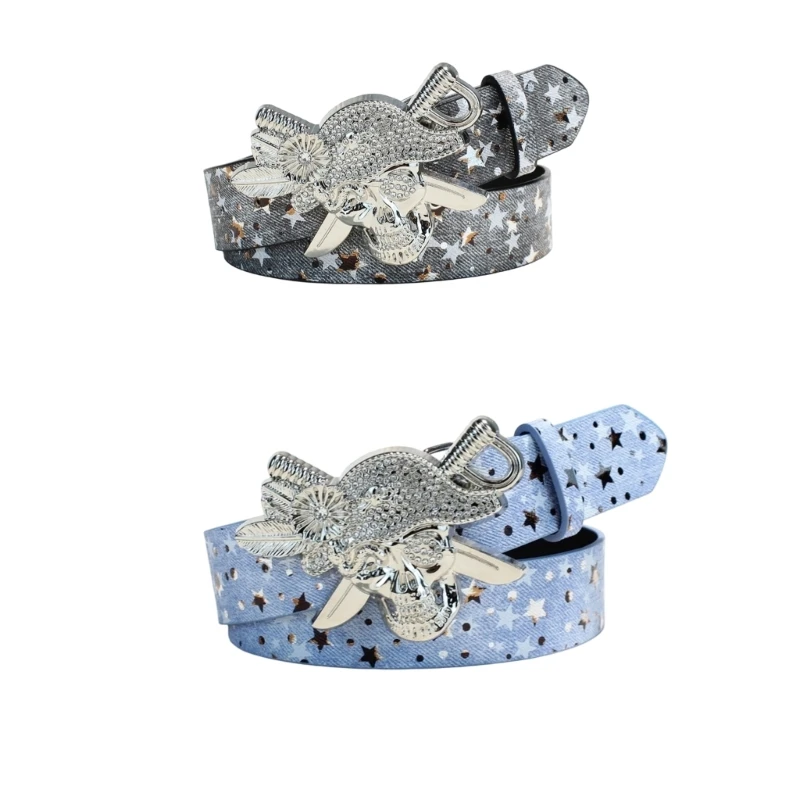 Crystal Waistband Skull Belt with Star Print Strap, Silver Tone Pin Closure Faux Leather Fashion Belt for Casual Jeans Wear Y08E