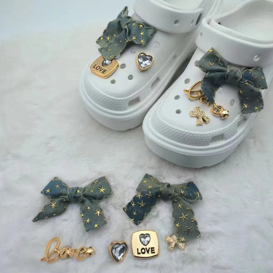 6 pcs/set Denim Bow Sports Sandals Accessory Sparkling Rhinestone DIY Decorative Buckle Shoes Flower Summer Slippers Decorative